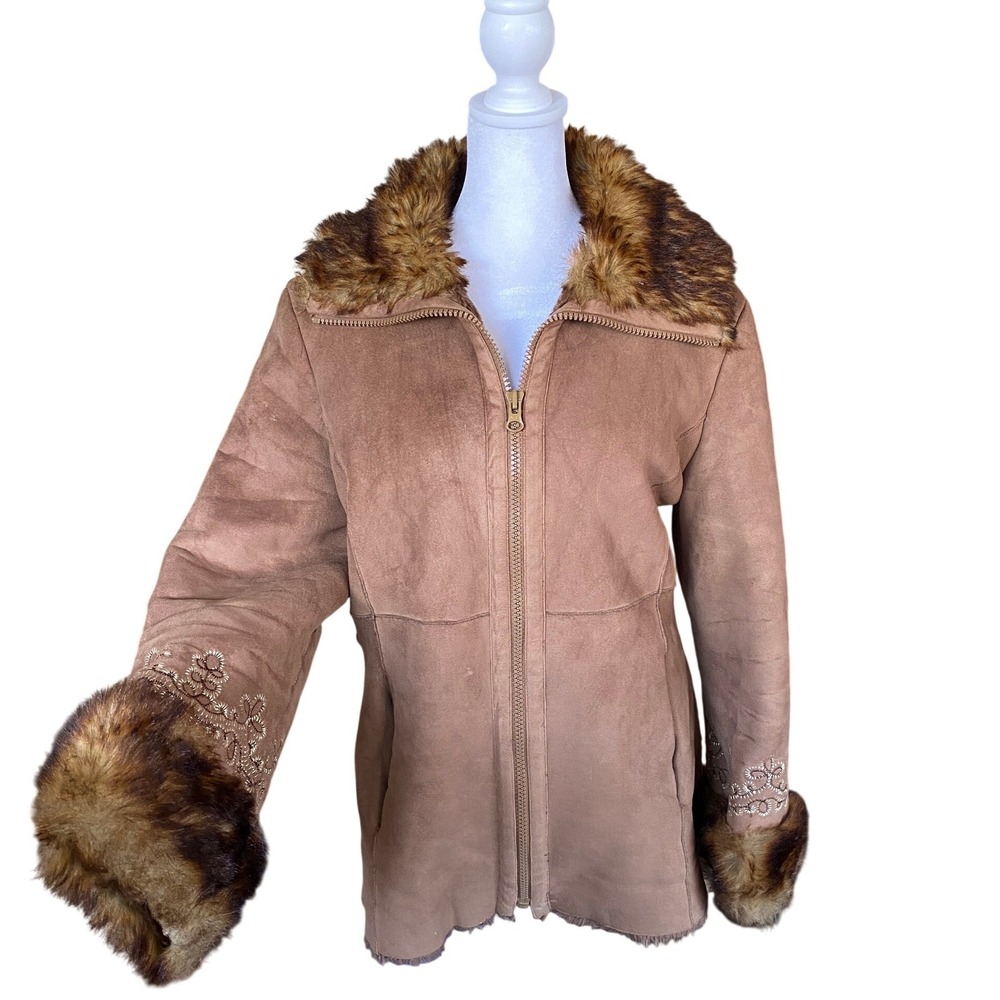 Vintage Penny Lane Suede Fur Trim Brown Coat Medium Boho Y2K 1990's Winter Cabin